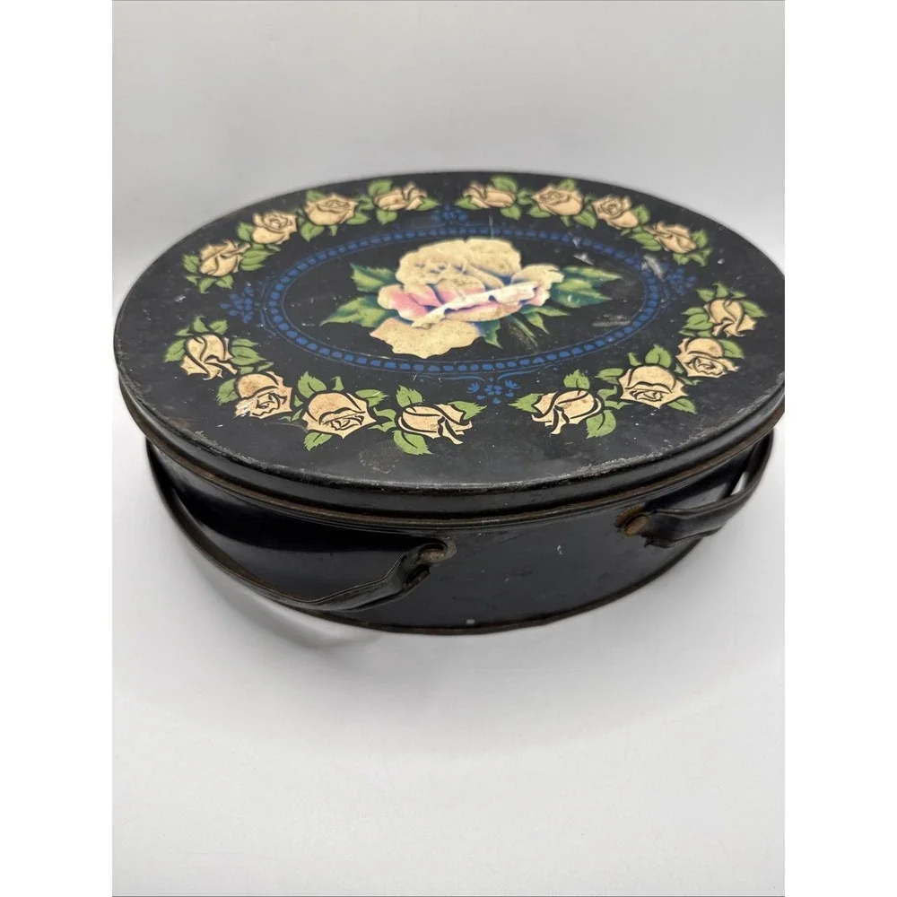 Vtg Tin Sewing Box Double Swing Handles Keepsake Storage Black & Roses 8.5